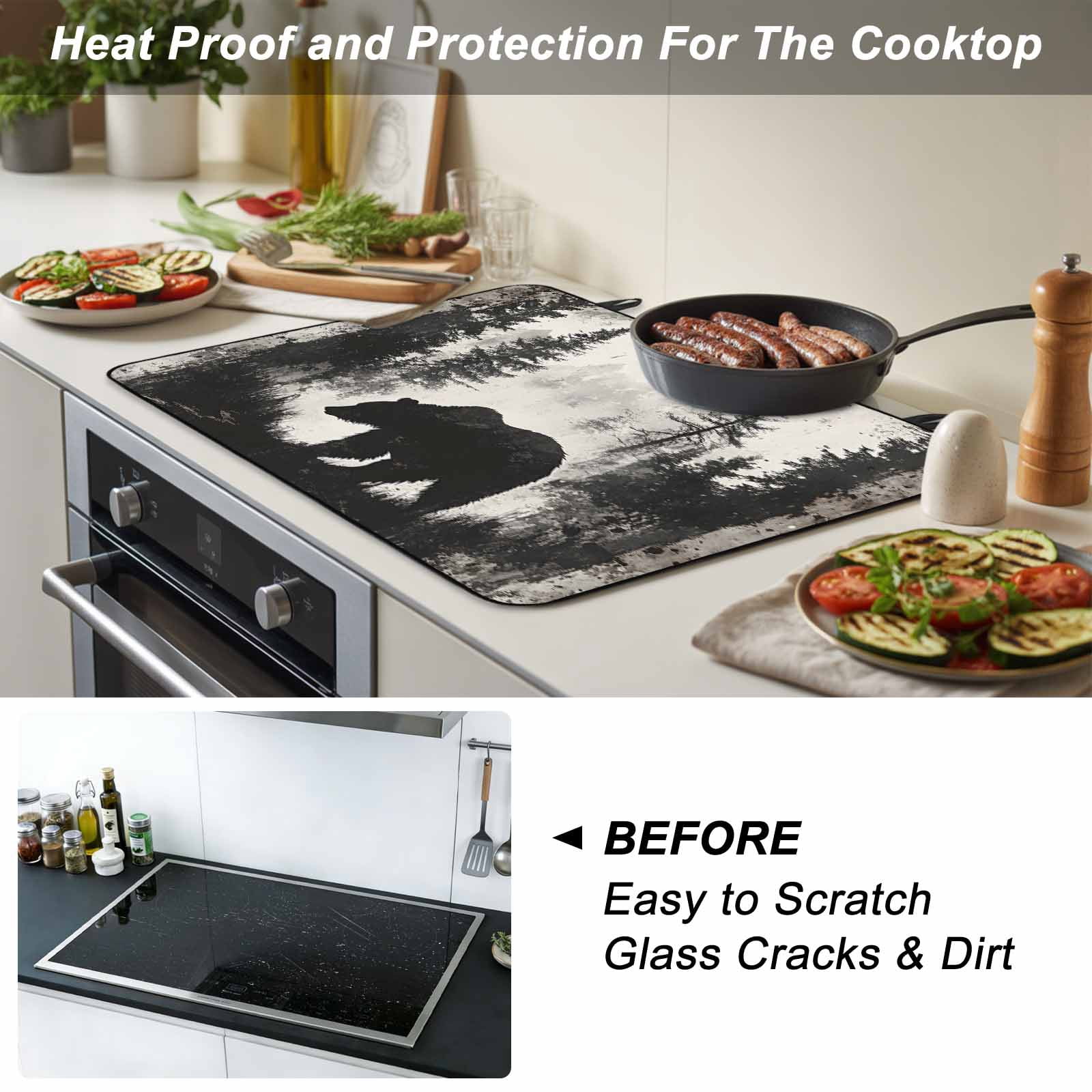 Forest Bear Stove Top Cover for Electric Stove, Heat-proof & Non Slip Glass Top Stove Cover Protector, Retro Modern Art Nature Tree Greyscale Kitchen Flat Cooktop Rubber Mat 24x21 Inches
