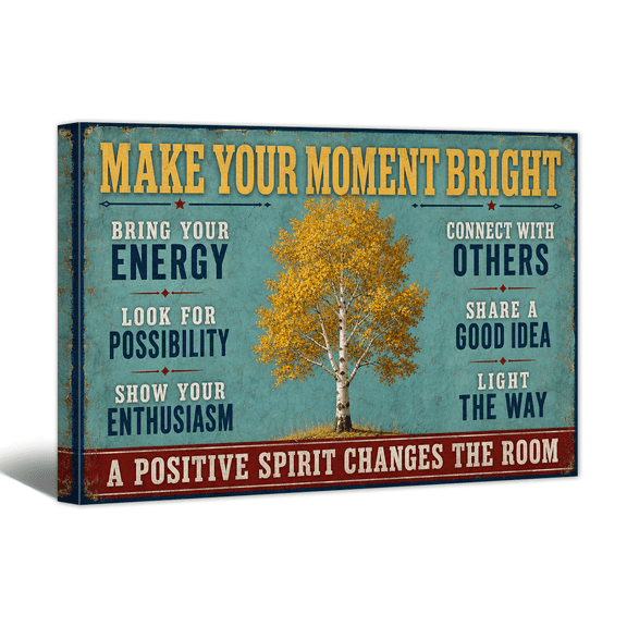 Make Your Moment Bright Canvas Wall Art Motivational Quotes Picture Print, Positive Retro Artwork Affirming Tree Painting for Home Living Room Bedroom Office Decor
