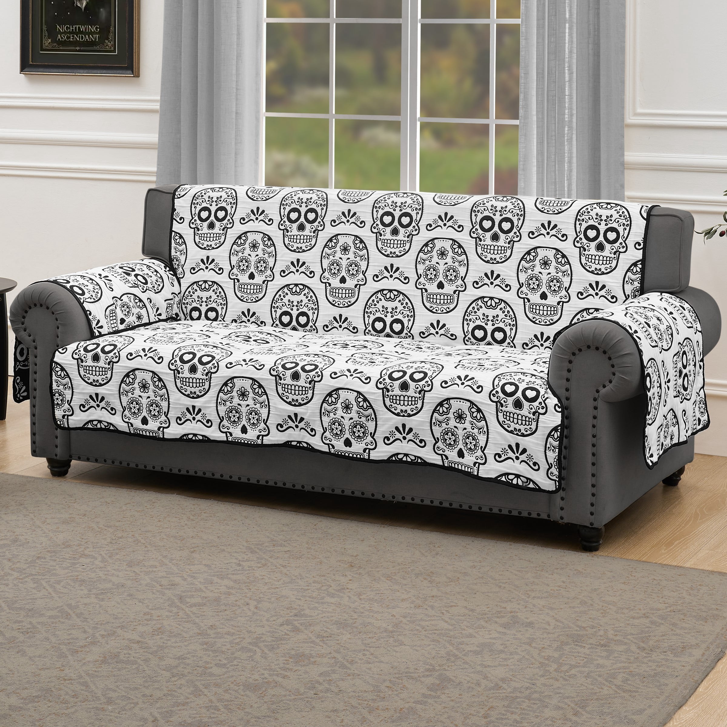 Greenland Home Fashions Sugar Skull Jacqard Woven Print Reversible Slipcover/Furniture Protector, Sofa