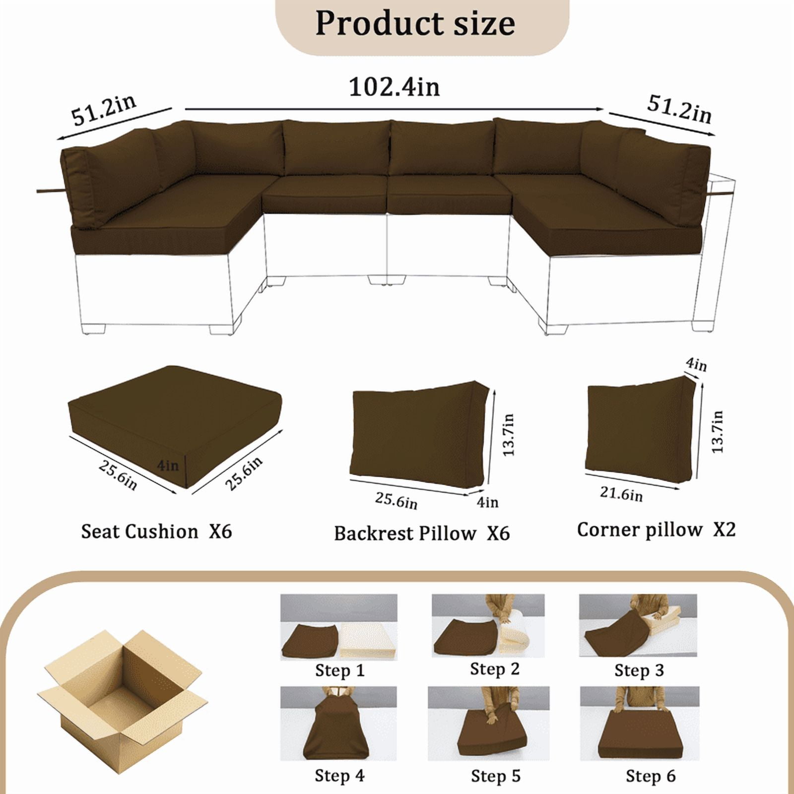 14 Pieces Outdoor Replacement Sectional Cushions Set, Waterproof patio furniture cushions For Outdoor Furniture, 4in thick outdoor couch cushions For 6 Seat（Coffee color）