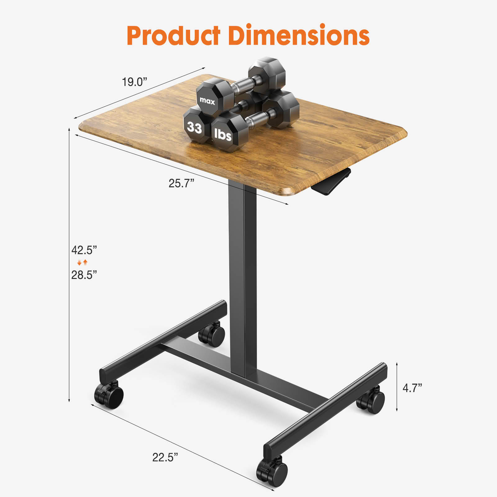 MAYEERTY Adjustable Rolling Laptop Desk Cart, Overbed Computer Table, Home Office Classroom, Rust