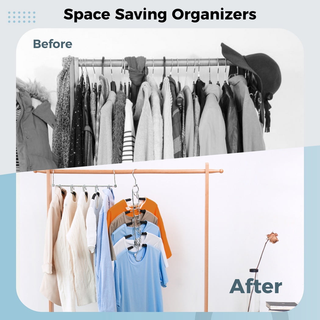 Space Saving Clothes Hangers, 2PCS 5 in 1 Multi-Layer Metal Clothes Hangers, Non-Slip Foam Padded Clothes Racks, Detachable Closet Organizers for Shirts, Sweaters, Suits, Coats, Pants