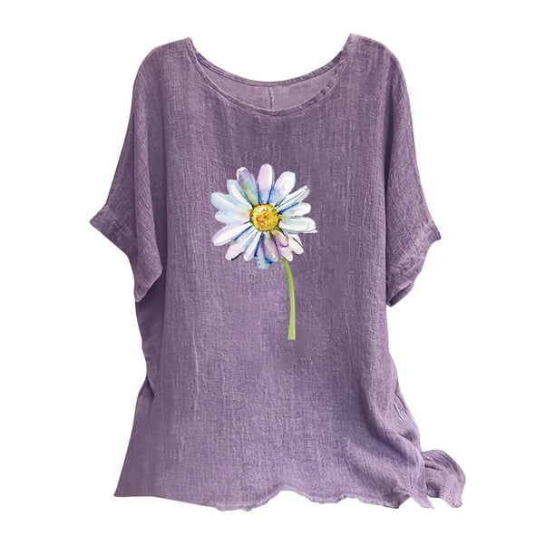 Camisetas de Manga Corta para las Mujeres Mezcla de Lino de Ajuste Suelto Top de Camiseta Casual, Blusas para las Mujeres Casual