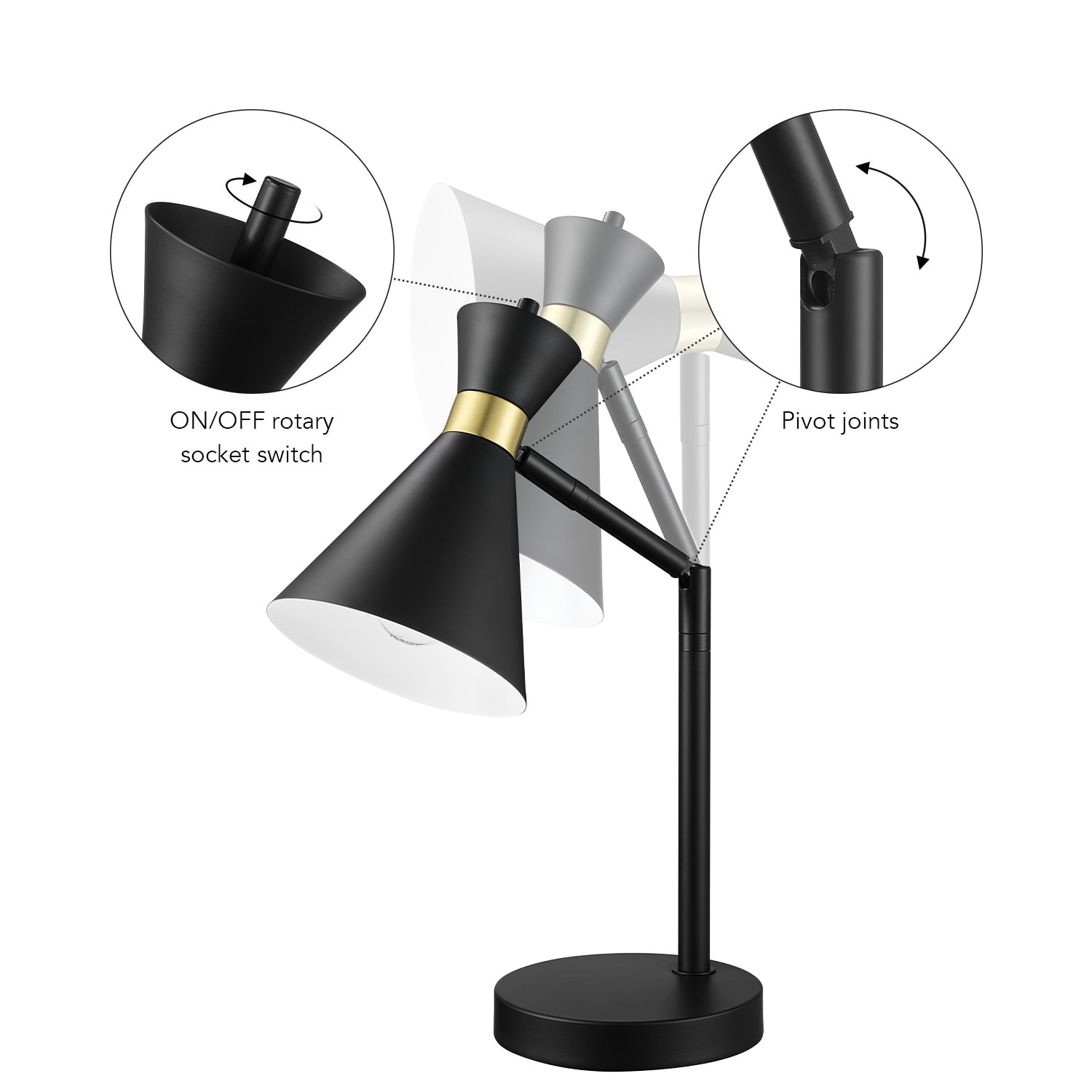 16" Matte Black Desk Lamp with Matte Brass Accents and Metal Shade
