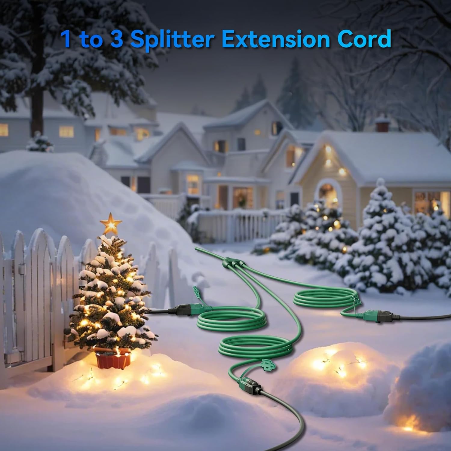 - 40 FT Christmas Lights Outdoor Extension Cord 1 to 3 Splitter, 3 Prong Outlets Plugs, 16AWG/3C SJTW Weatherproof Wire for Holiday Decoration Light, ETL Listed, Green