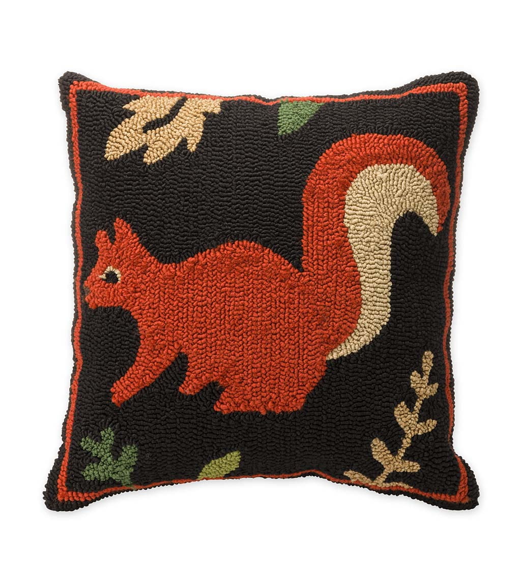 Woodland Hooked Decorative Throw Pillow with Squirrel