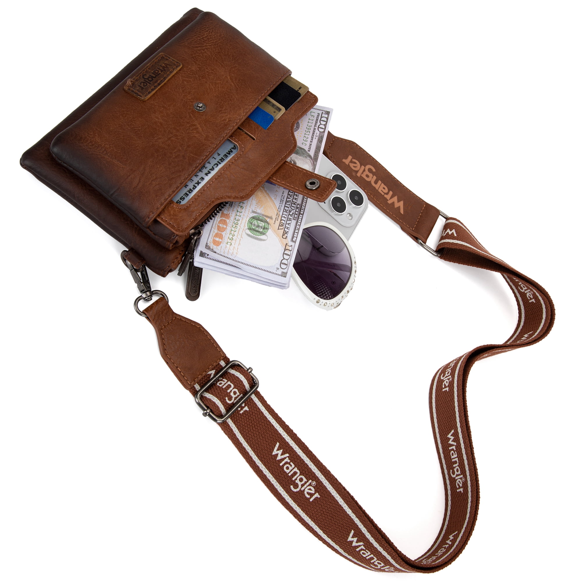Wrangler Crossbody Bags for Women Shoulder Wallet Small Purse with Adjustable Guitar Straps, Brown