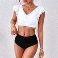 thumbnail image 2 of Women's Pleated Slim Fit V-Neck Color Block Ruffled Two-Piece Swimsuit White S, 2 of 8