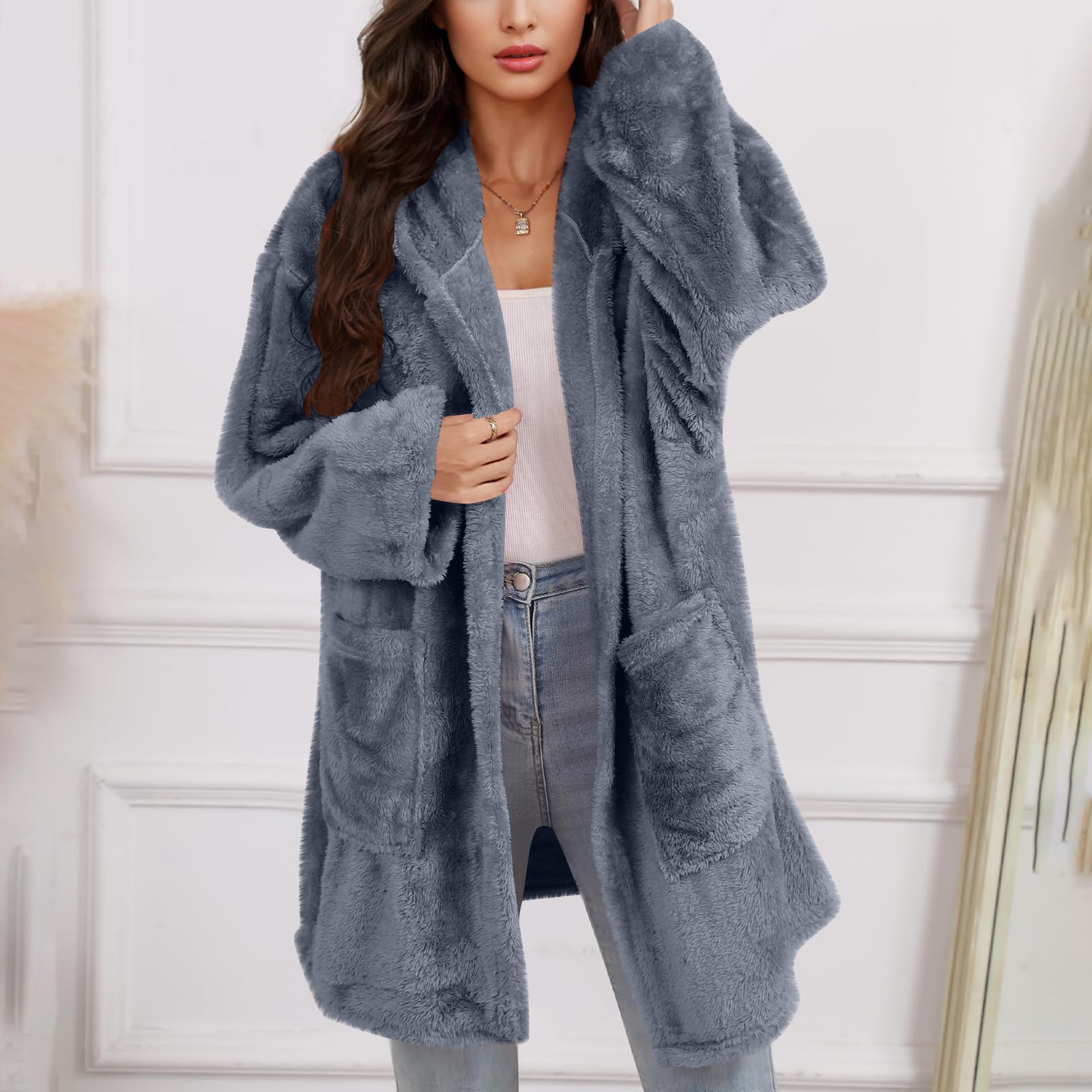 Women and Men Hooded Fuzzy Cardigan, Unisex Oversized Loungewear Fuzzy Fleece Blanket Hoodie Outwear Jacket with Pockets Gray L