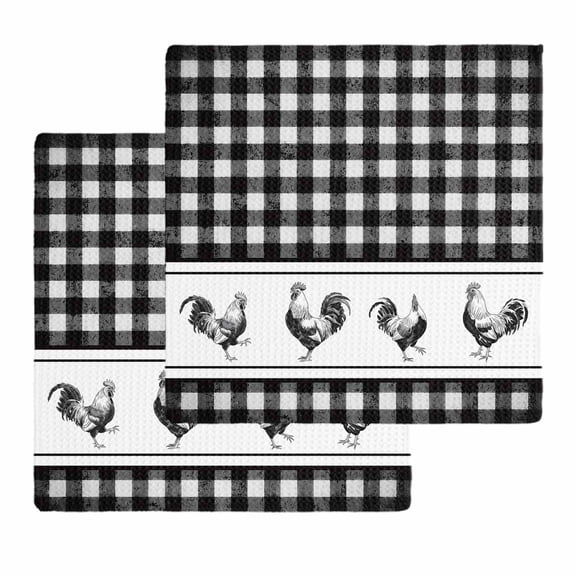 Farmhouse Black Plaid Kitchen Dish Towels for Drying Dishes Set of 2, Vintage Country Cock Checkered Waffle Weave Microfiber Hand Tea Bathroom Towels Quick Dry & Absorbent Towel 12x12