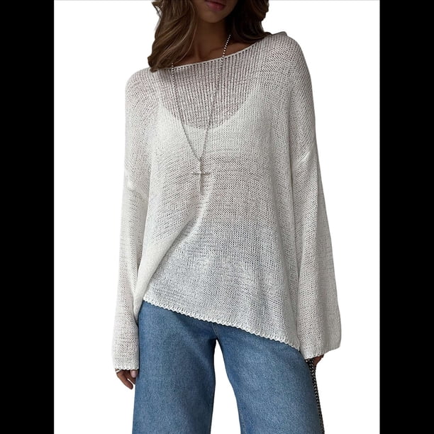 Suéter de Verano para Mujer, Cuello Redondo, Corta, Informal, de Punto, Tipo Pulóver L