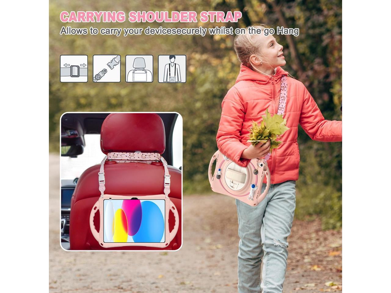 Cute Case for Apple iPad 10th Generation 10.9 inch 2022, Shockproof Silicone Astronaut Cover with Stand Shoulder Strap, Handle Grip, Pencil Holder Pink