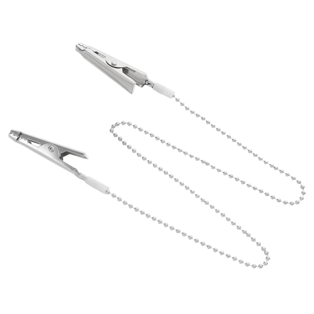 Pinzas para baberos con cadena metálica y pinzas de cocodrilo, pinzas para bufandas, servilleteros, pinzas para delantales y pinzas de resorte para uso clínico y doméstico.