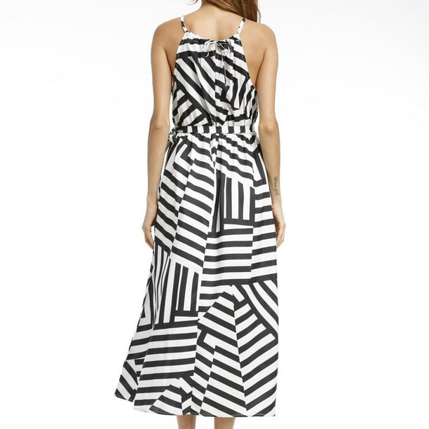 Qarigey Vestido largo a rayas con cuello halter y estampado maxi para mujer Vestido estampado sin mangas para mujer Ropa de verano Vestidos S