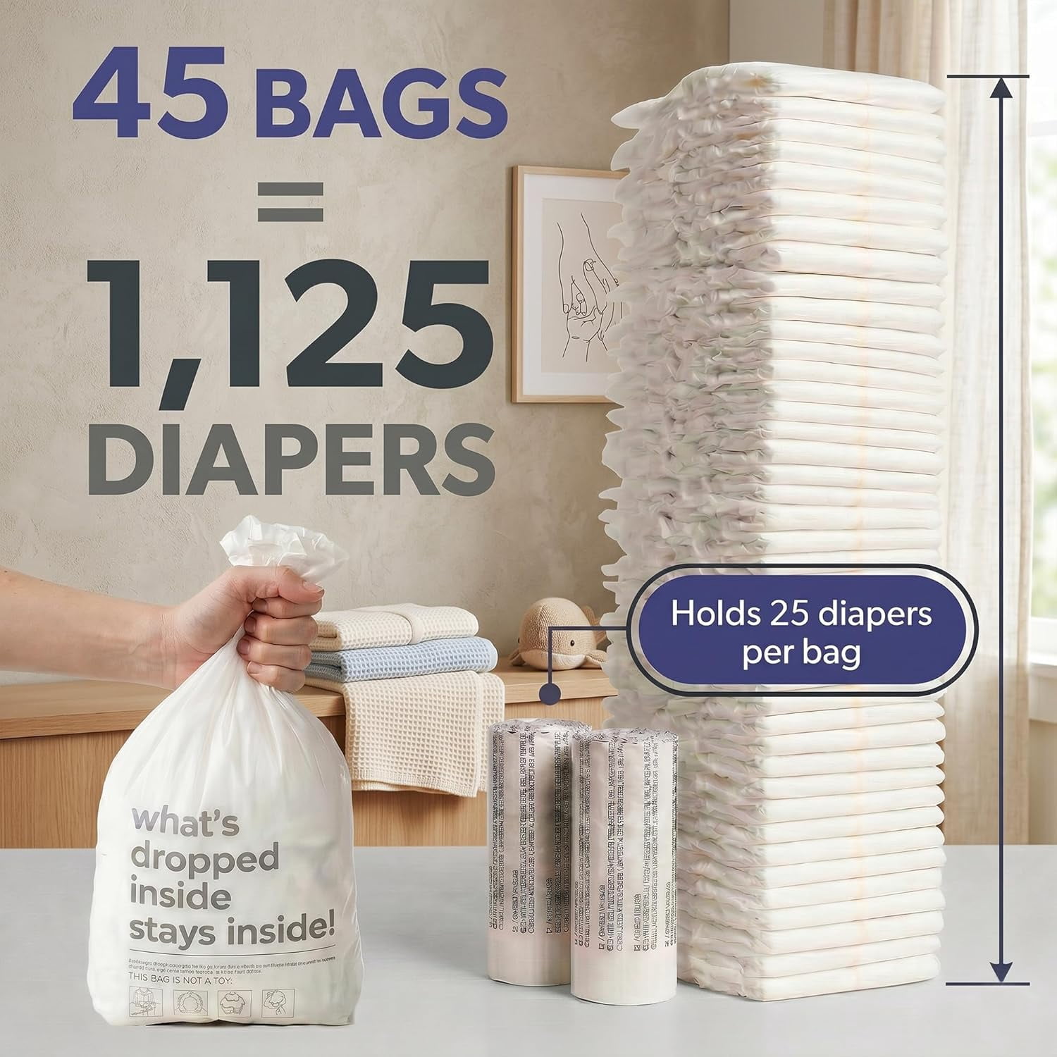 Magic Diaper Bags - Diaper Pail Refill Bags 45 Count - Multi-Layer 100% Odor-Free Disposable Diaper Bag - Holds 1125 Diapers - Extra Strong No Leak