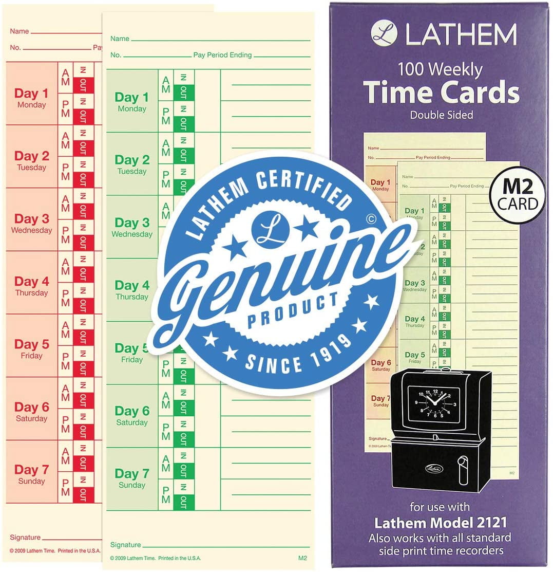 Pack 2 Lathem Weekly Time Cards M2-100 100 Pack Double-Sided for Lathem Model 2121/Side-Print Time Clocks 