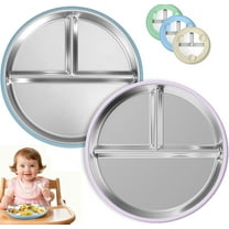USIONE 9" Stainless Steel Toddler Divided Plates with Suction, Set of 2 (Blue & Purple) - Non Toxic, BPA Free, Non Slip, Unbreakable with Removable Silicone Sleeves