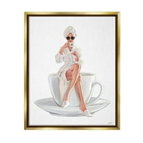 Stupell Industries Chic Woman Robe Coffee Cup Designer Logo Sunglasses Metallic Gold Framed Floating Canvas Wall Art, 24x30, by Ziwei Li