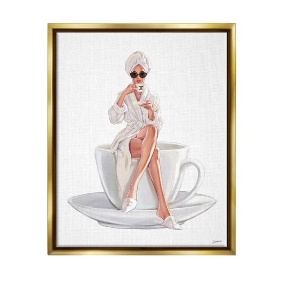 Stupell Industries Chic Woman Robe Coffee Cup Designer Logo Sunglasses Metallic Gold Framed Floating Canvas Wall Art, 24x30, by Ziwei Li