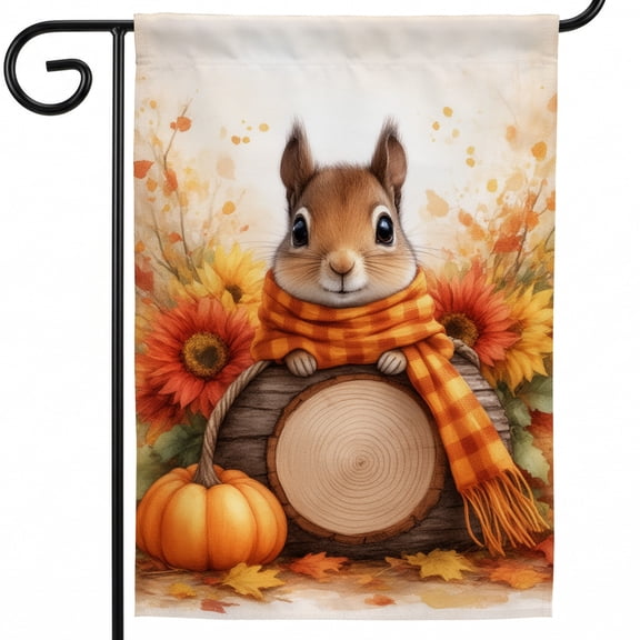 Fall Double-Sided Flags 28x40 A cute little squirrel sitting on top of a tree stump Front Porch Fall Decor