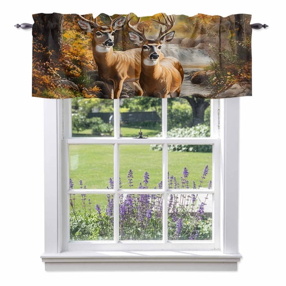 Nature Scenery Valances for Windows Forest Animal Deer Waterfall Plant Rod Pocket Cafe Window Treatments Valance Curtains for Kitchen Bathroom Laundry Basement Windows 60"x18"