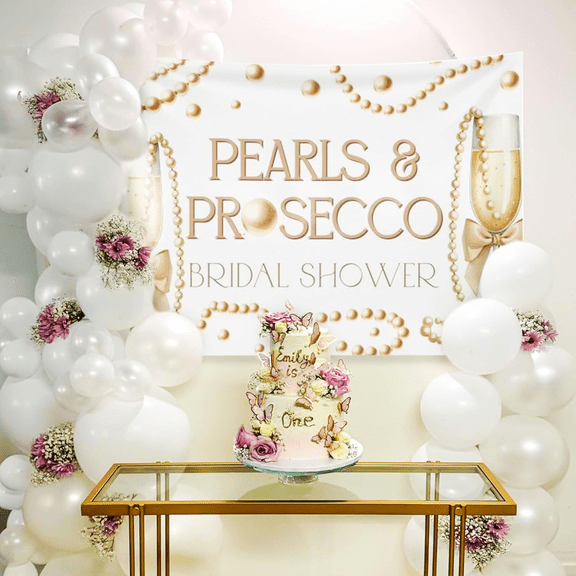 Bowknot Champagne Wedding Theme Background Banner, Prosecco-Themed Bridal Shower Banner Decoration, Suitable for Pearl Weddings, Bachelorette Parties, Engagement Parties, and Proposal Parties