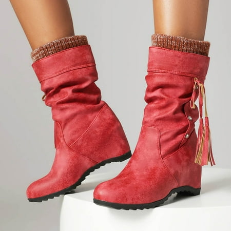 

Aayomet Ankle Boots for Women Color Tassel Bow Decoration Simple Round Toe Flat Bottom Sleeve Mid Calf Boots Sock Boots (Black 9)