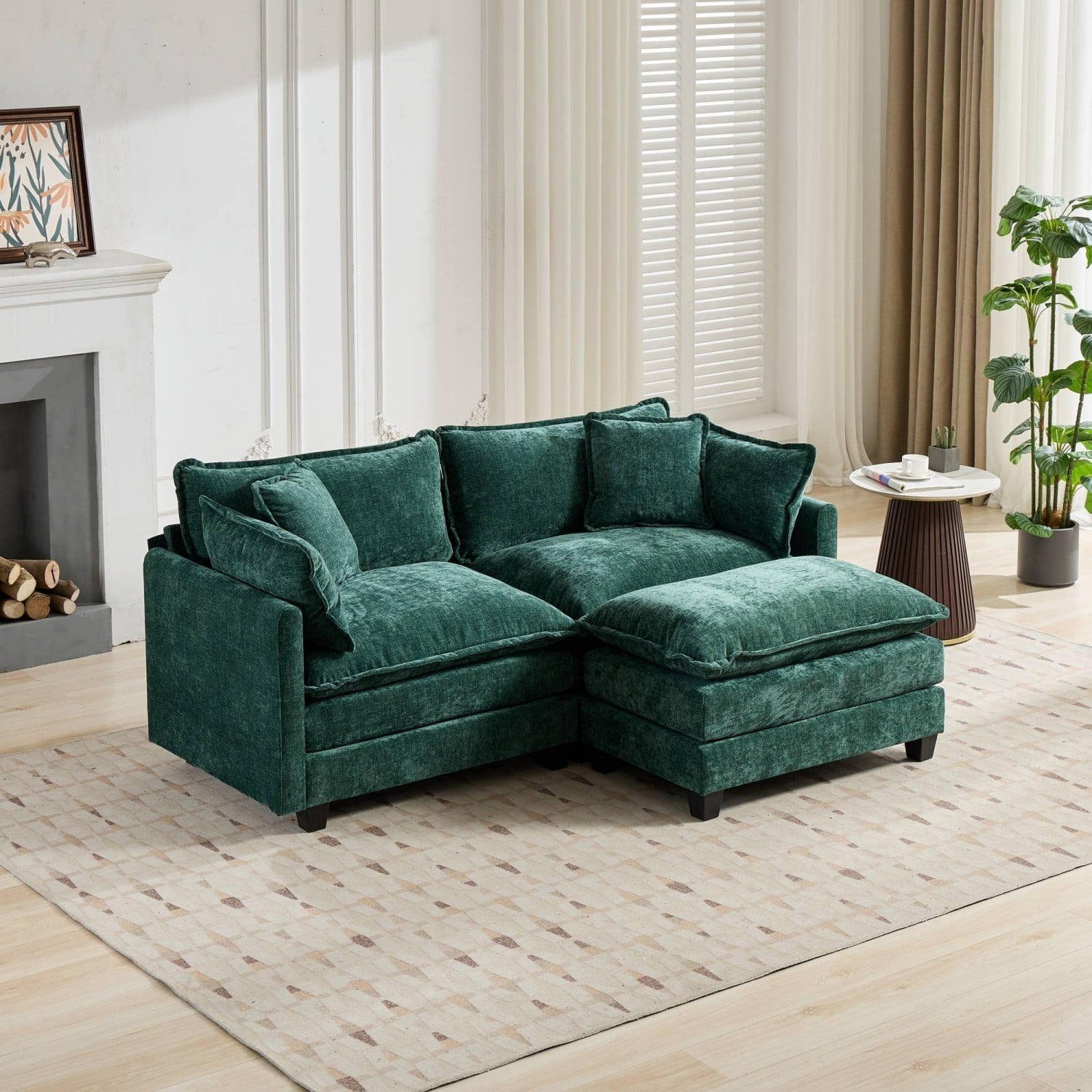 Cloud Sofa Ottoman, Modular Oversized Ottoman for Sectional Couch, Chenille Upholstered Footrest Stool for Living Room, Bedroom, Apartment, Green