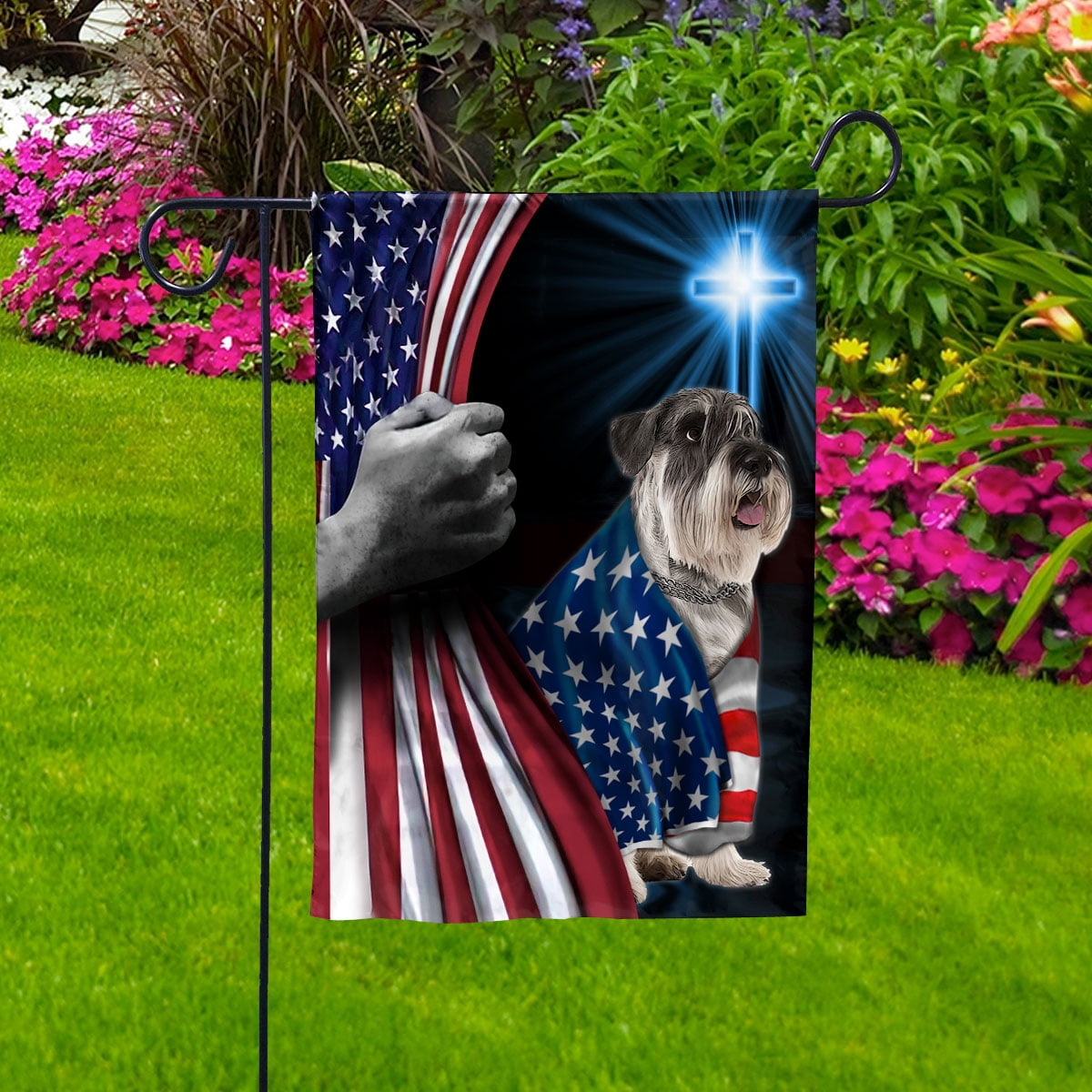 Hand Pulling USA Flag Miniature Schnauzer Dog Wearing Flag American Standing under Cross Christian Patriotic House Flag (3x5) Double Sided- Premium Polyester-Decorative Indoor Outdoor Flag