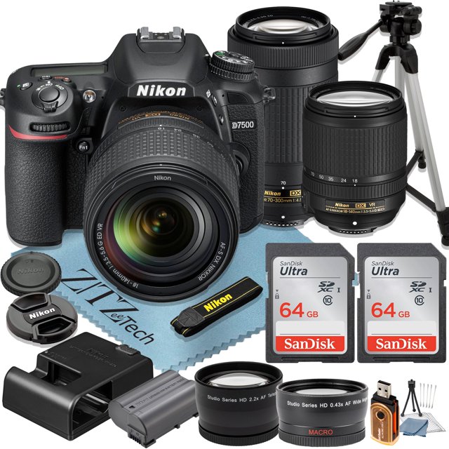 Nikon D7500 DSLR Camera with 18-140mm and 70-300mm lenses, two SanDisk 64GB memory cards, tripod, wide-angle lens, telephoto lens, and ZeeTech accessory bundle. Features include 20.9MP DX-format CMOS sensor, 4K UHD video recording, ISO sensitivity up to 1,640,000, and SnapBridge Bluetooth and Wi-Fi connectivity.