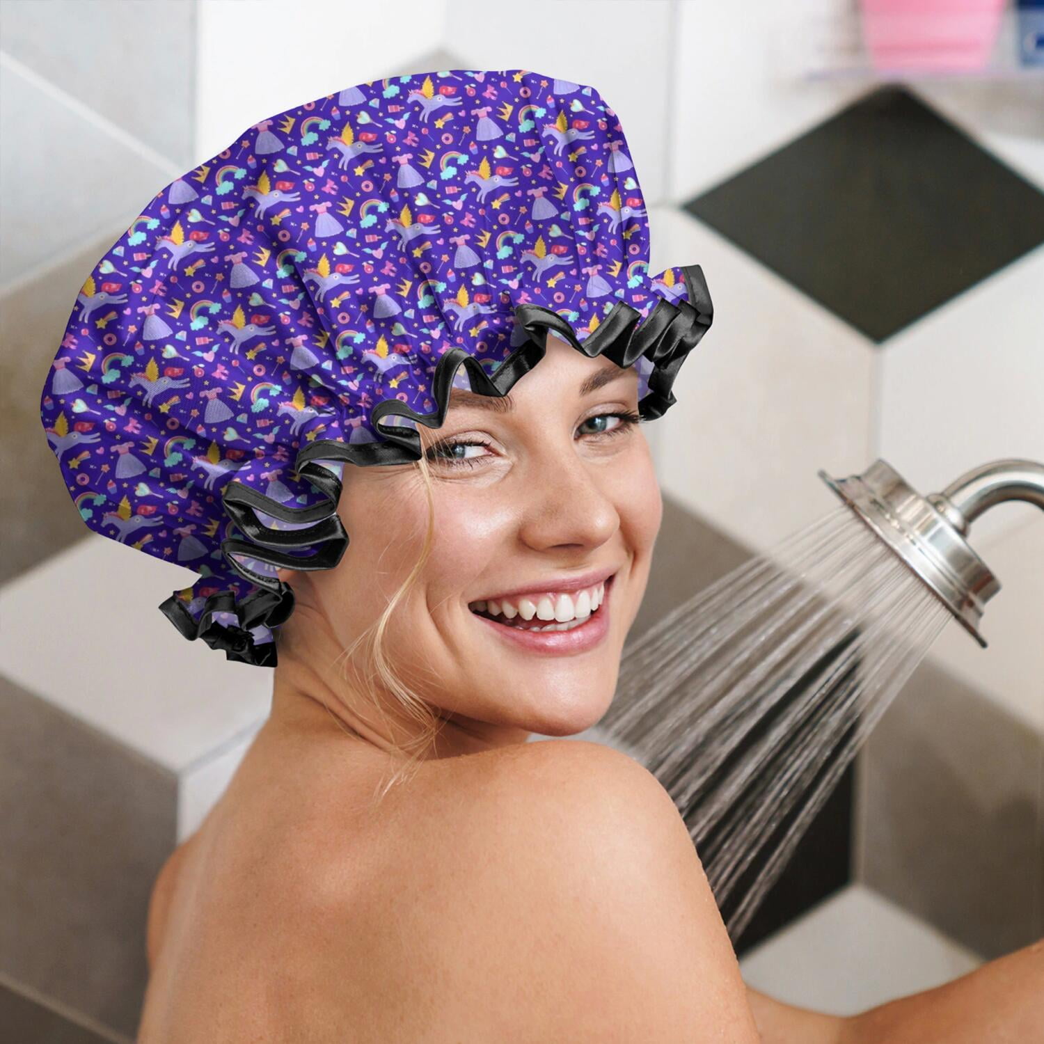 Shower Caps,Purple Cartoon Unicorn Rainbow Crown Waterproof Shower Cap for Women 4 Pieces,Double Reusable Hair Cover for Shower PEVA Elastic Stretch Hem