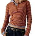 thumbnail image 2 of Womens Striped Henley Shirts Ribbed Long Sleeve Tops Going Out Slim Fit Top Fall Fashion Basic Tees Reddish-Brown S, 2 of 9