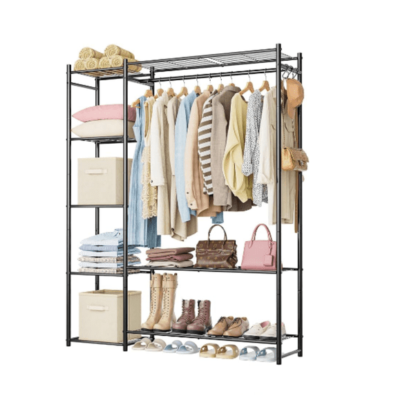 Closet,Portable Clothes Rack with 4 Tiers Shelves,Freestanding Closet Organizers and Storage System with Hanging Rods,Steel Clothing Rack Suitable for Cloakrooms,Bedrooms,Entrances,etc.Black