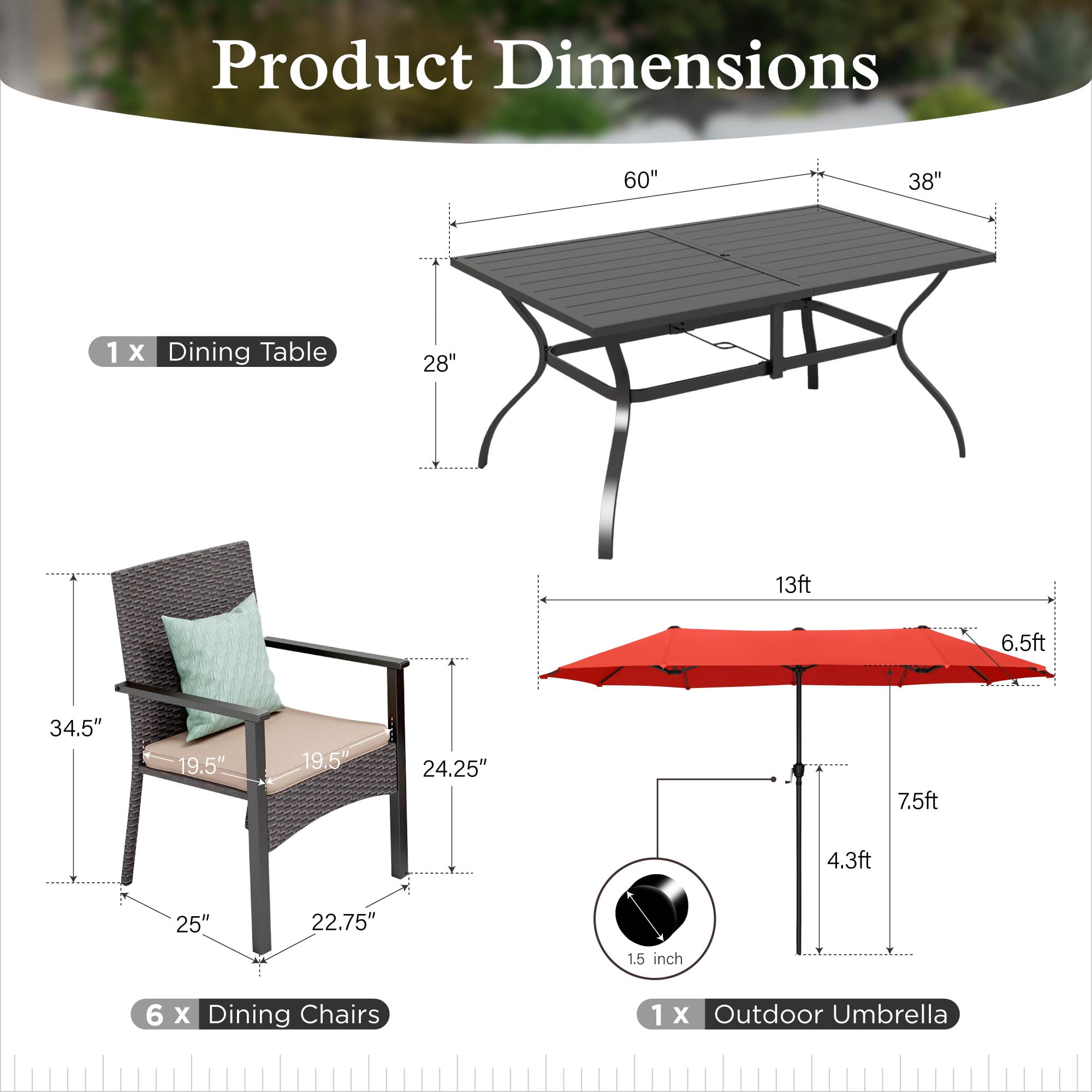 Alpha Joy 8-Piece Outdoor Patio Dining Set with 13 ft Umbrella (No Base), Rattan Chairs & Rectangle Table Set for 6, Red Umbrella