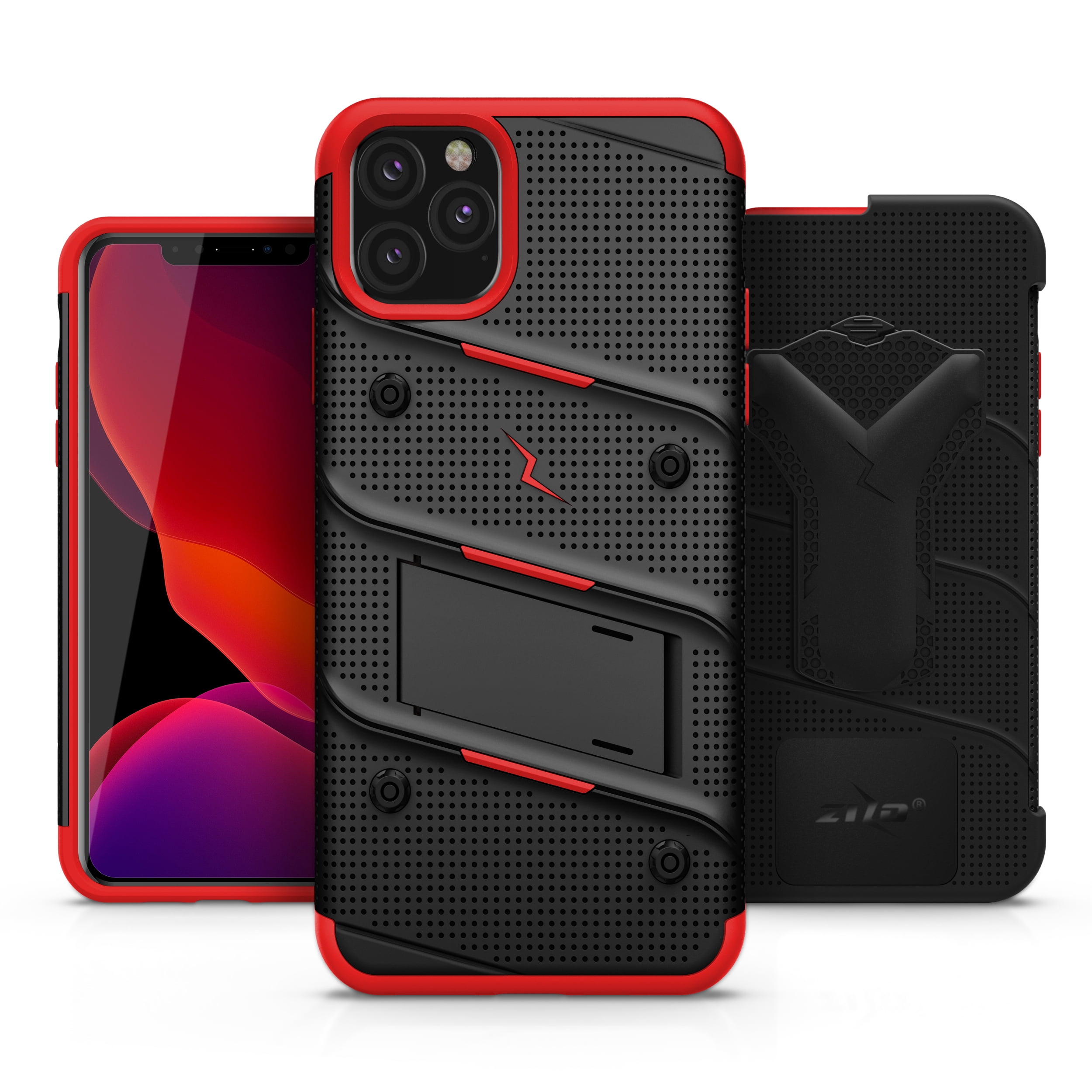 ZIZO BOLT Series iPhone 11 Pro Case - Heavy-duty Military-grade Drop Protection w/ Kickstand Included Belt Clip Holster Tempered Glass Lanyard - Black / Red