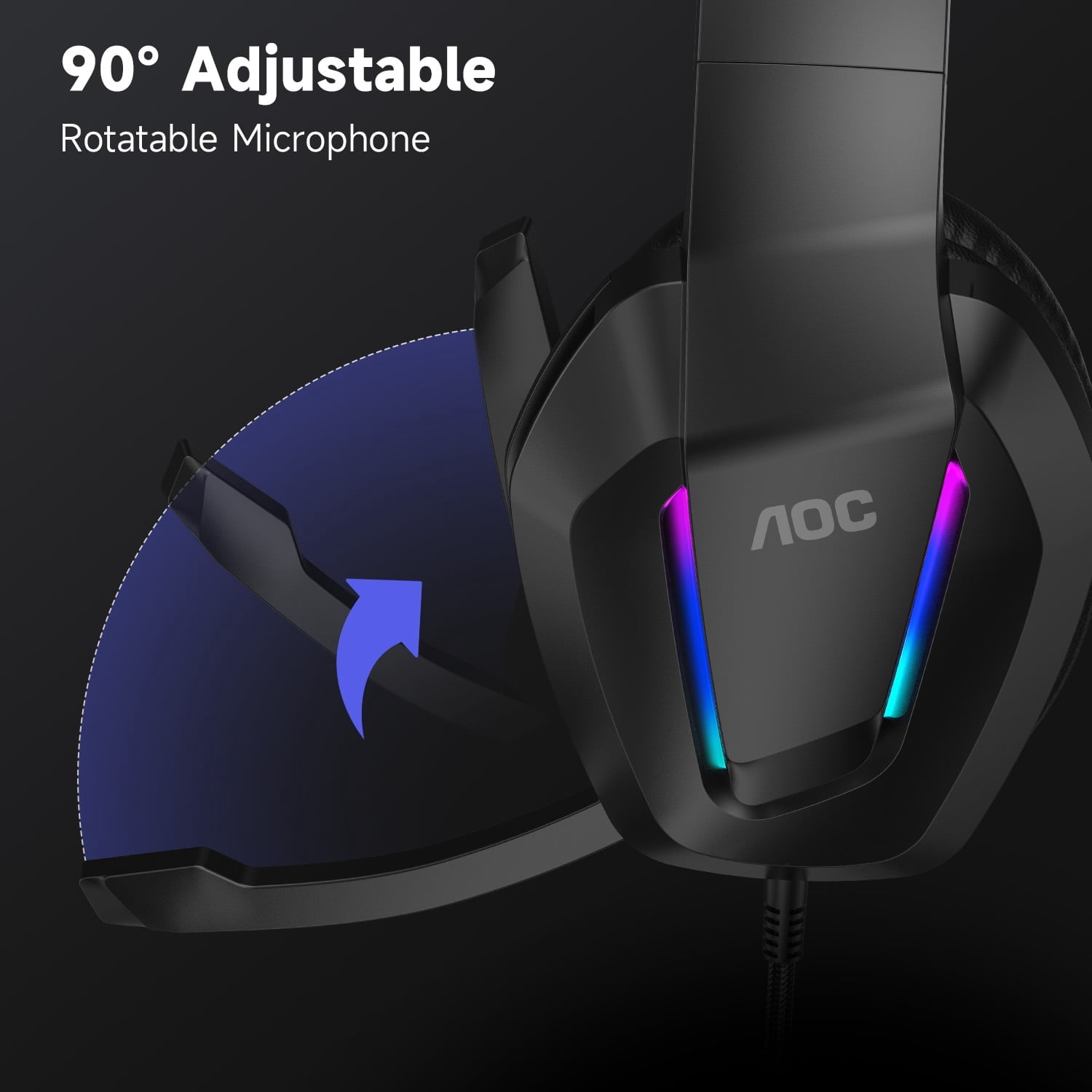 AOC Gaming Headset with Noise Cancelling Mic, Wired Gaming Headphone for PC, PS5, Xbox Series, Xbox Headset, Switch, MAC, High-Quality Sound, RGB Light, Foldable, Portable, Black