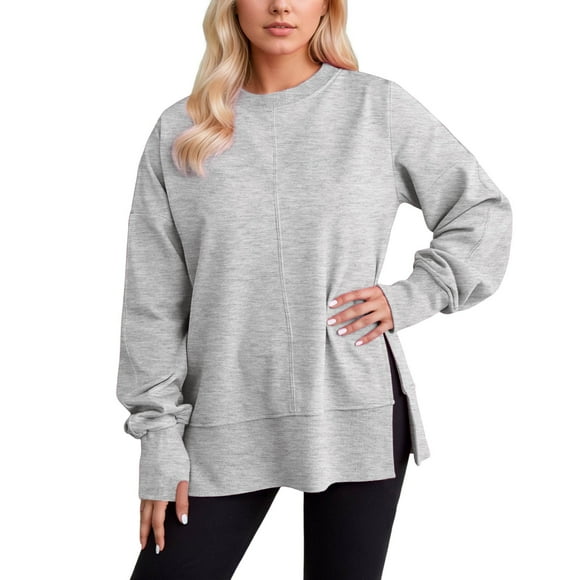 GPOECD Refers To Long Sleeve Top Solid Color Slit Round Neck Headless Hoodie Grey,M