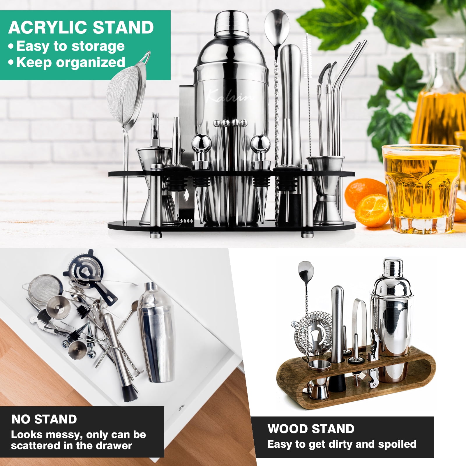 Bartender Kit, 25-Piece Cocktail Shaker Set Stainless Steel Bar Tools with Acrylic Stand, Full Bartender Accessories