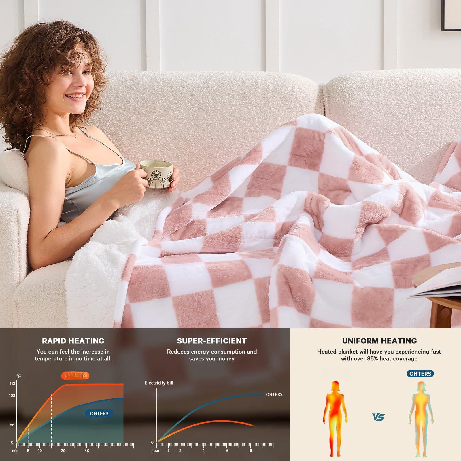Light Pink Heated Blanket Electric Throw  50x60 Heating With 10 Heat Levels & 8 Hours Auto Off For Lap Checkered Plaid Soft Sherpa Blankets Mothers Day Gifts Mom Grandma Women Couch