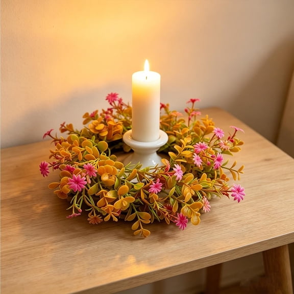 Dongrere Fall Floral Wreath Autumn Leaves Berry Flower Candle Ring Table Centerpiece Wreath for Thanksgiving Home Decor, 3 Inch, A