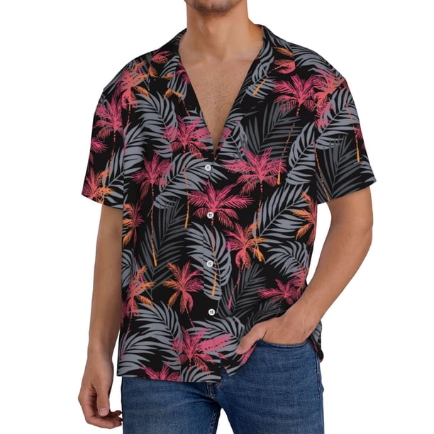Fotbe Colorful Hawaii Palms Camisa Estampada de Manga Corta para Hombre, Casual de Verano, Estilo Playero, Sin Arrugas-Small