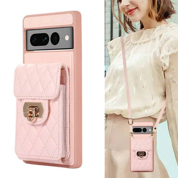 ELEHOLD for Google Pixel 7A Wallet Case with Card Holder, PU Leather Shockproof Crossbody Case with Metal Snap Adjustable Strap Lanyard Compatible with Google Pixel 7A,Pink