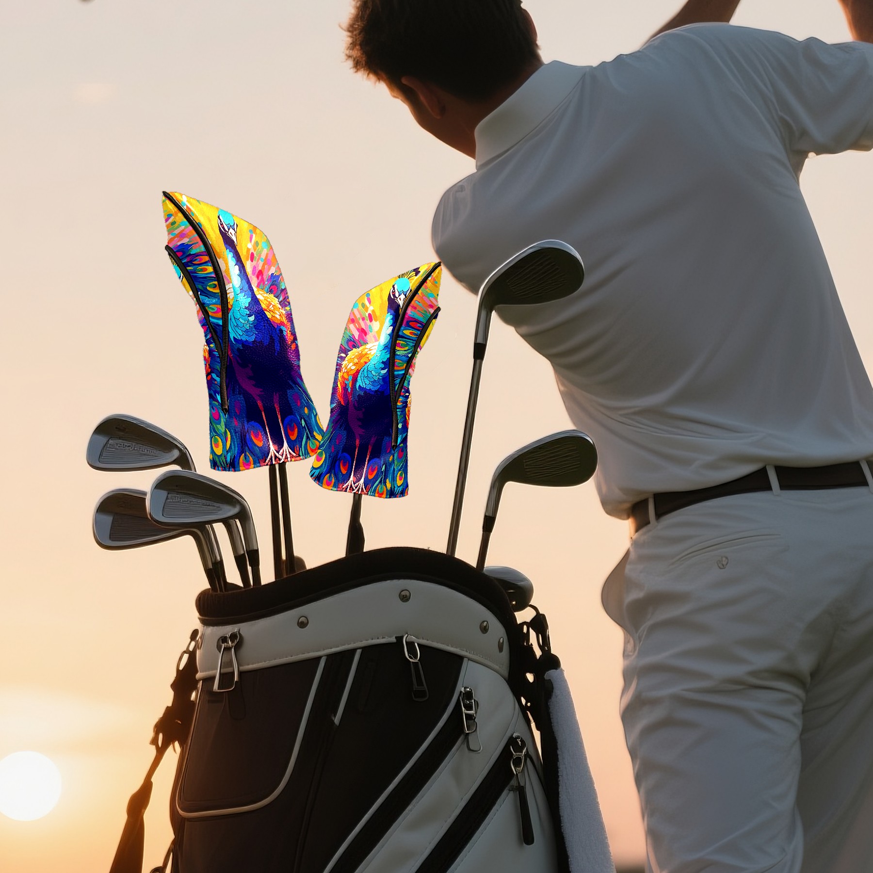 Golf Club Covers, Peacock Premium PU Leather Driver Hybrid Putter Head Covers with Velvet Lining, Waterproof Golf Gifts for Men Women