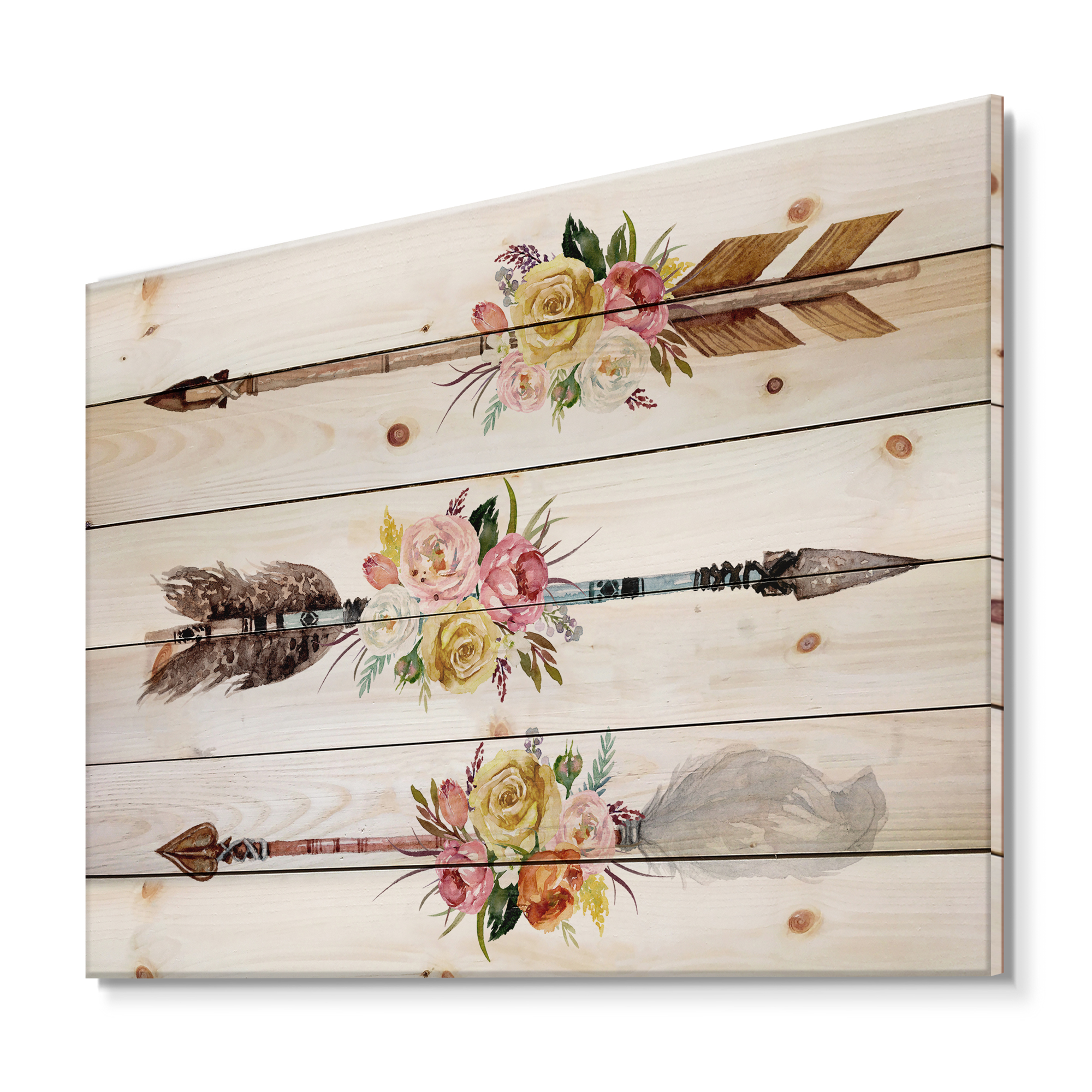 Designart 'Flowers and Ethnic Feathers On Native Arrows II' Bohemian & Eclectic Print on Natural Pine Wood