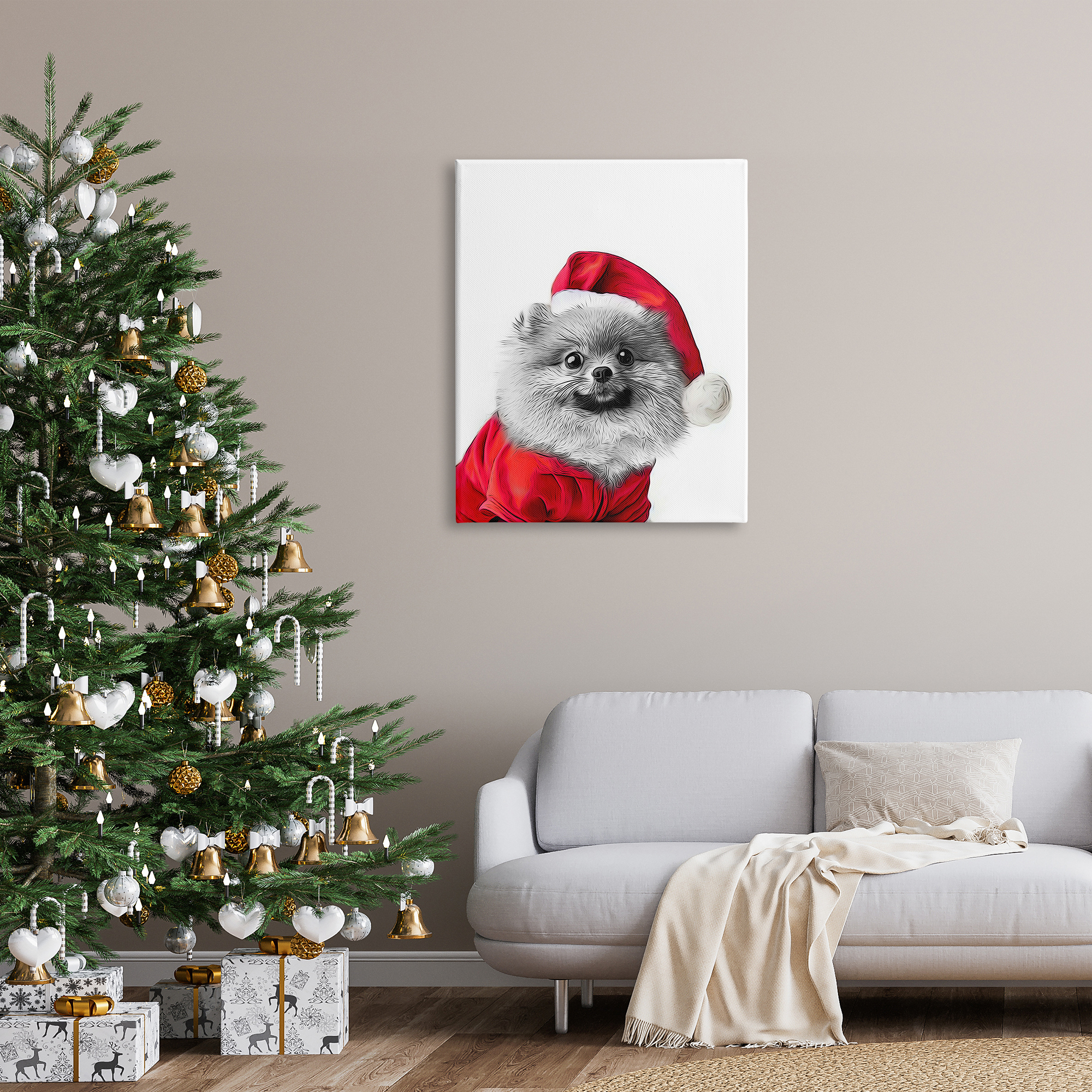 Stupell Industries Pomeranian in Santa Hat Holiday Painting Gallery Wrapped Canvas Art Print Wall Art, 30 x 40