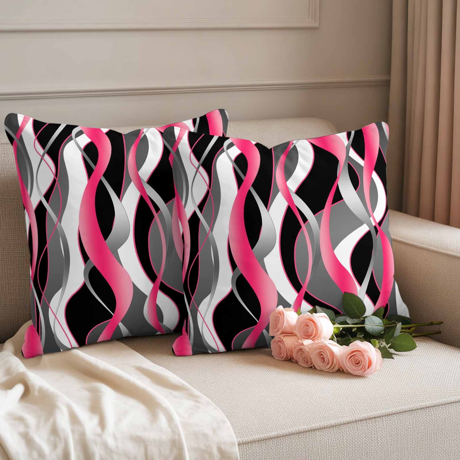 Pink Stripe Outdoor Waterproof Pillow Covers, Gradient Grey Moire Geometric Modern Abstract Decorative Square Throw Pillowcase Sofa Cushion Sham for Patio/Couch/Chair, 16"x16" 2 Pack