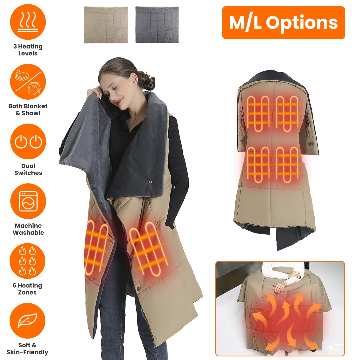Portable USB Heated Blanket, 53"x 43" Dual Switch Cordless Heated Poncho Shawl Throw Blanket with 6 Zones 3 Heating Levels for Indoor Outdoor (M, Grey)