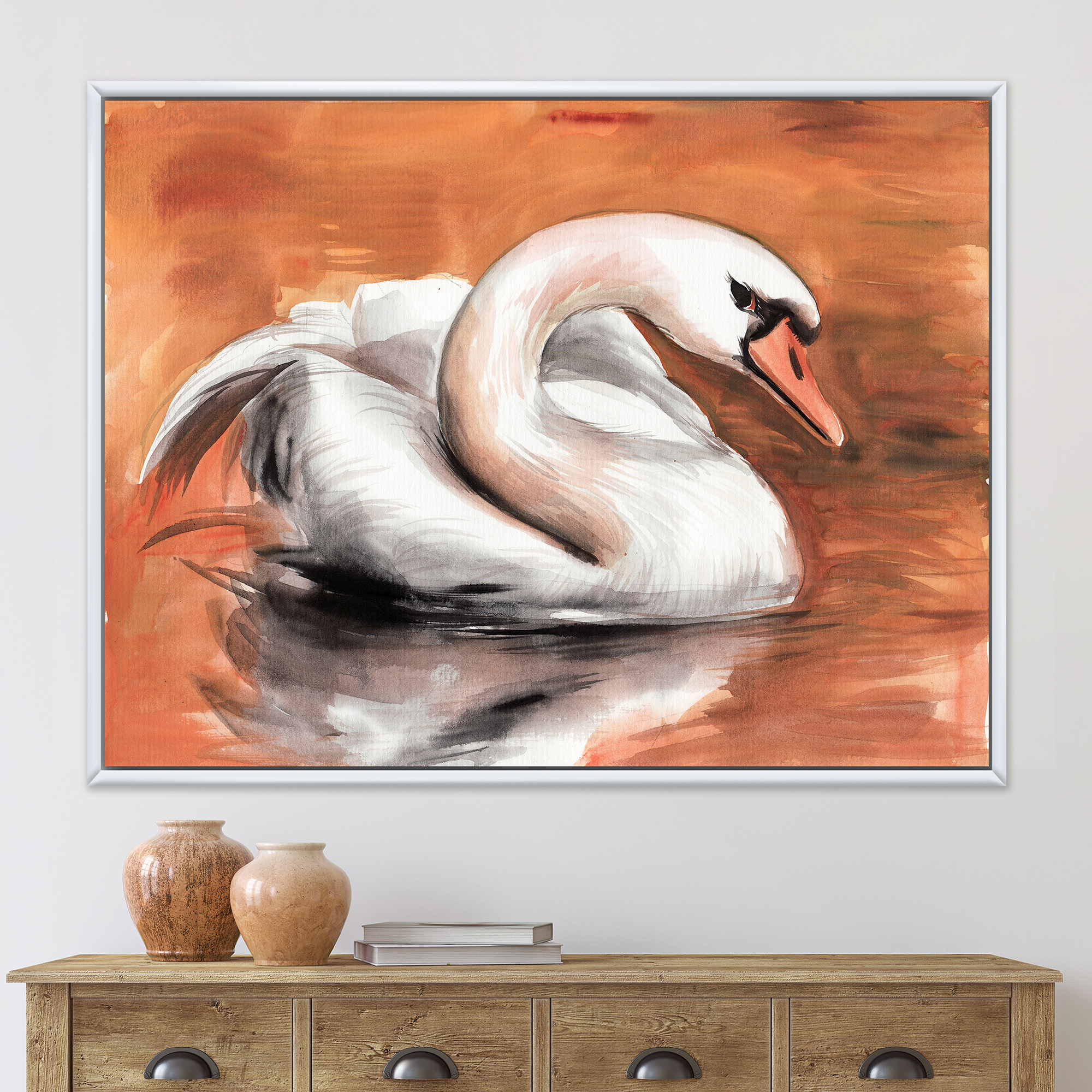 Designart 'Close Up Swan On The Water' Traditional Framed Canvas Wall Art Print