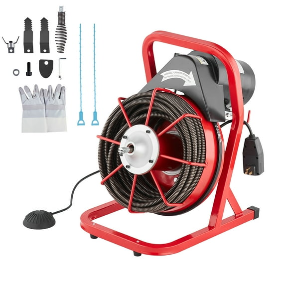 KFFKFF Drain Cleaner Machine, 75FT x 1/2 Inch Cable, Manual Operation, 370W Power, Includes 4 Cutting Tools & Foot-operated Air Switch, Suitable for 2"-4" Diameter Pipes