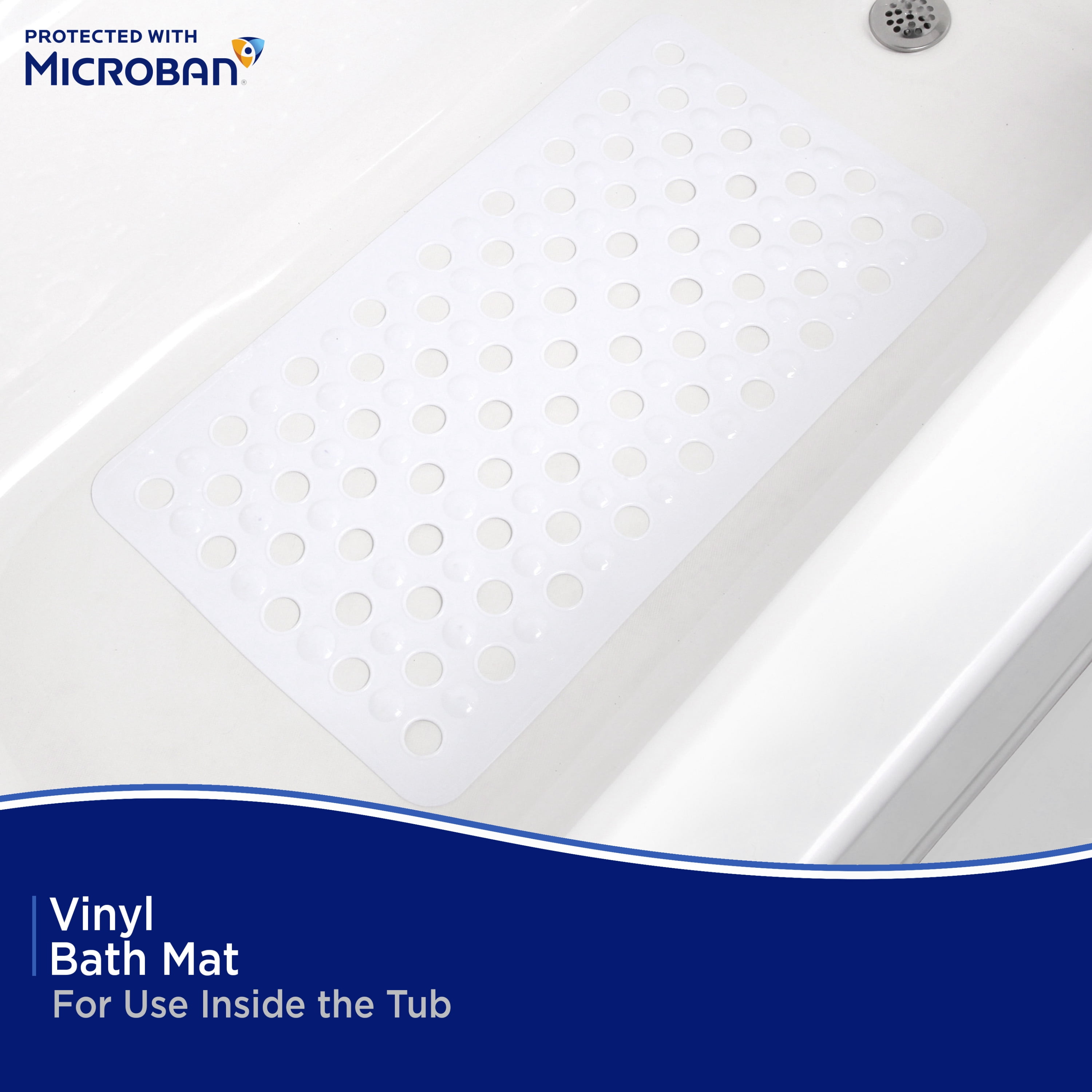 Kenney Microban Protected Vinyl Bath Mat, 27” L x 14.5” W, White